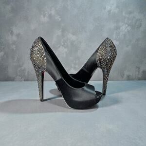 Steve Madden Playy-R Black Satin Rhinestone Heels Size 8